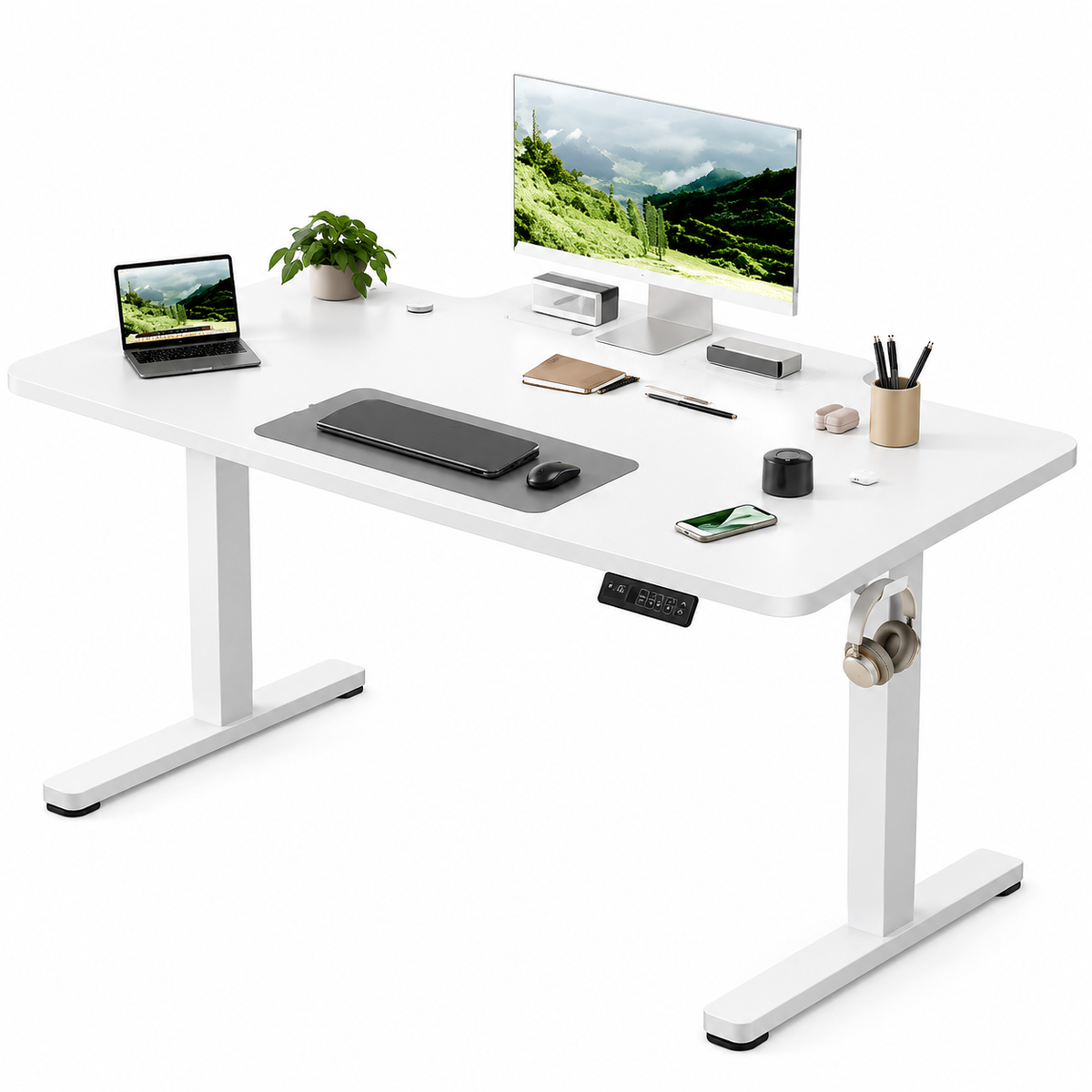 Bureau électrique assis-debout (160 × 70 cm) avec support d'écran