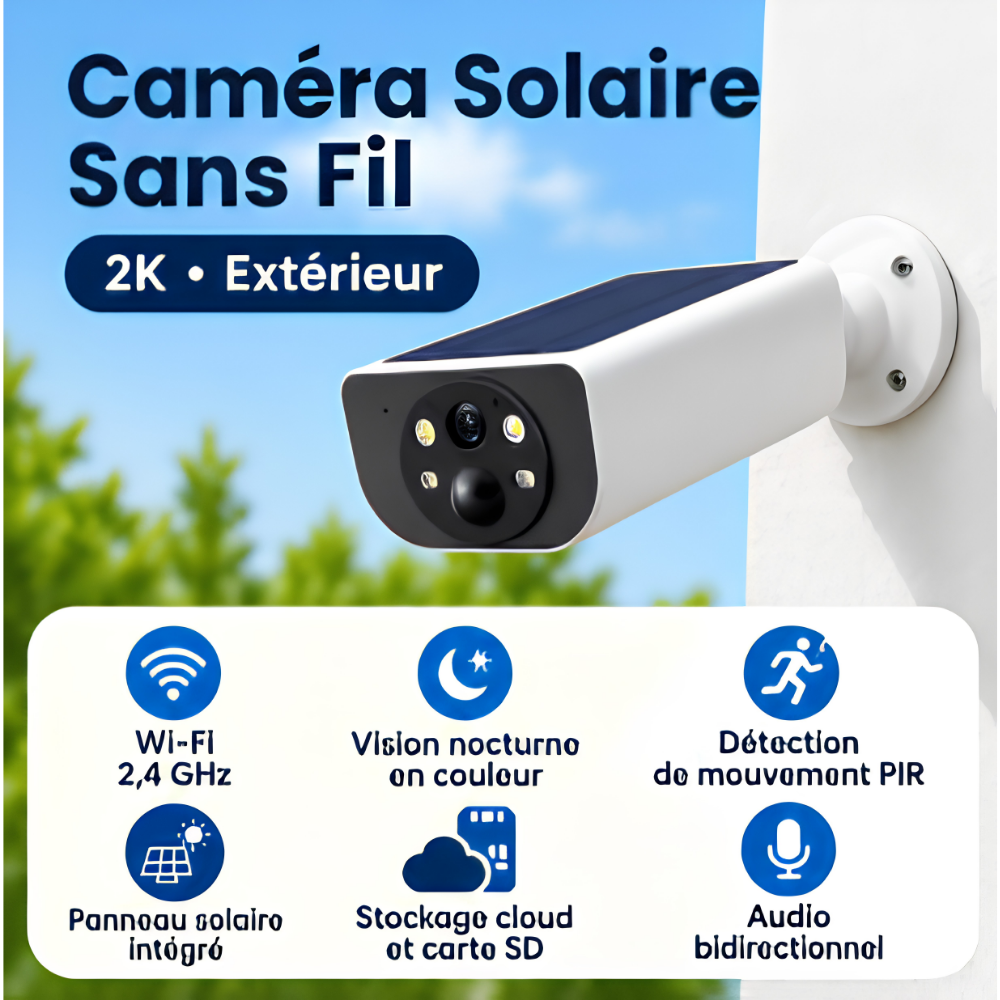 Caméra de surveillance extérieure sans fil 2K 3MP (Solaire)
