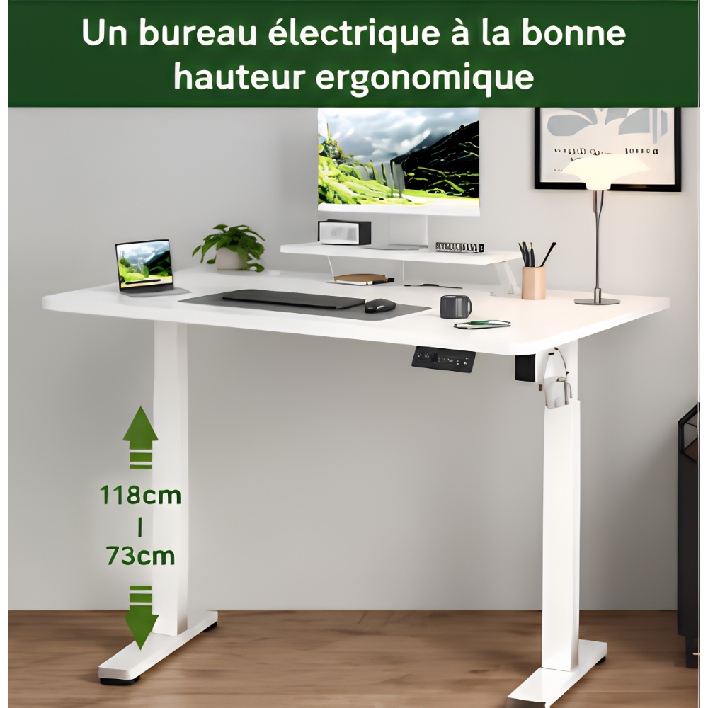 Bureau électrique assis-debout (160 × 70 cm) avec support d'écran
