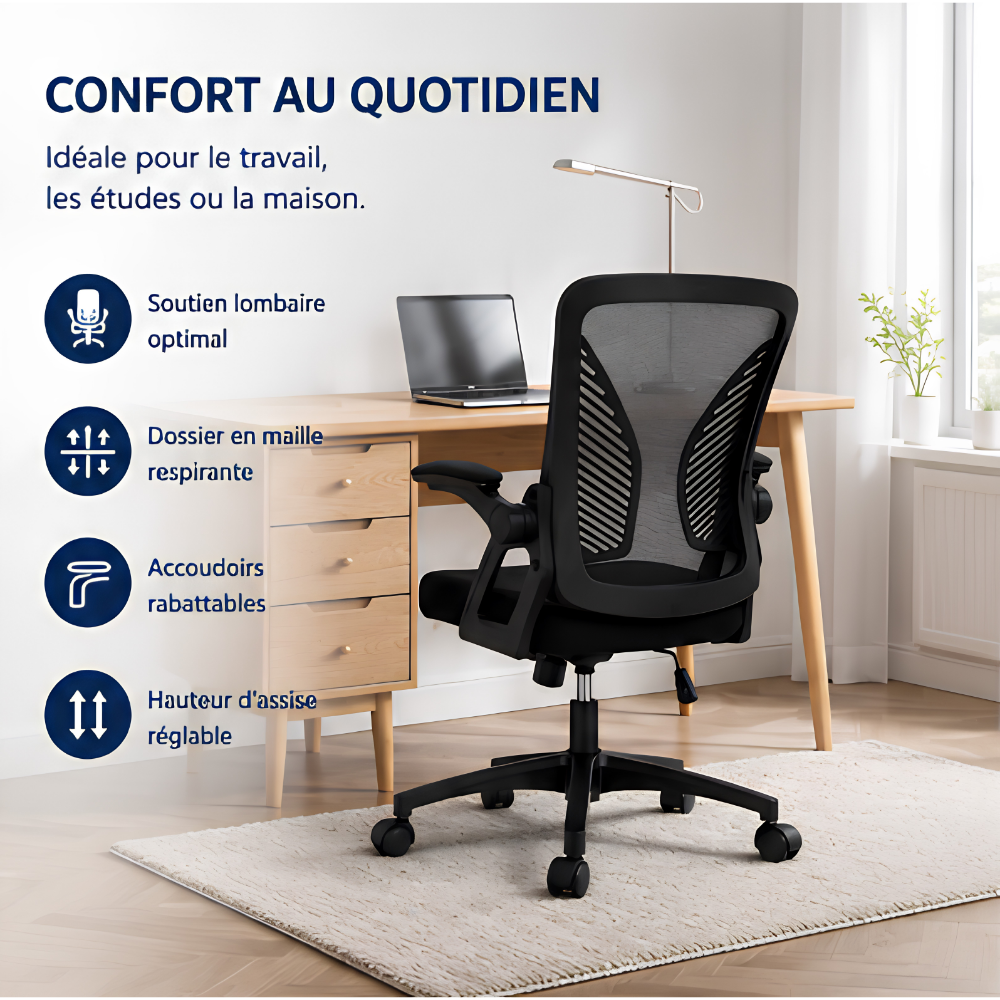 Chaise de Bureau Ergonomique avec Support Lombaire & Hauteur Réglable
